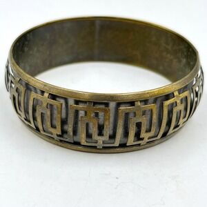 Vintage Greek Key Bangle Bracelet Antique Gold Tone Meander Pattern Boho Jewelry